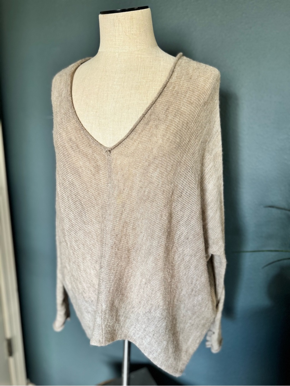 Free People Oversized V-Neck Knit Sweater in Taupe